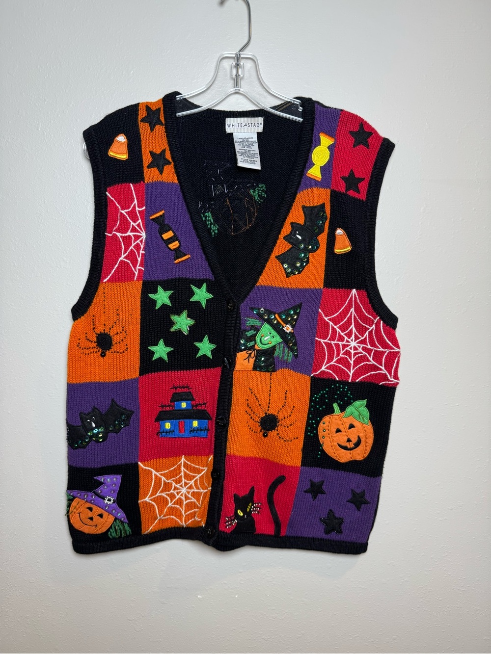 Vintage 90’s Teacher Cottage Core Halloween Sweater Vest Patchwork Fun Colorful